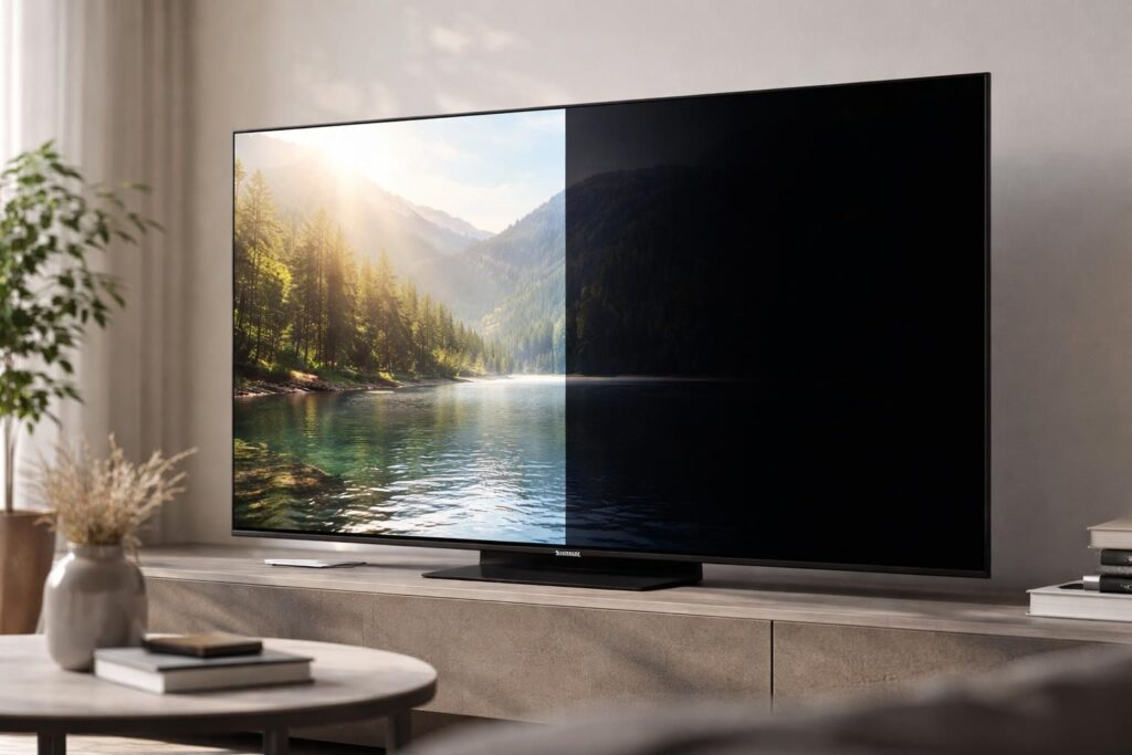 découvrez une analyse approfondie de la qualité d'image des tv samsung présentant un écran à moitié sombre, avec des conseils pour optimiser votre expérience visuelle.