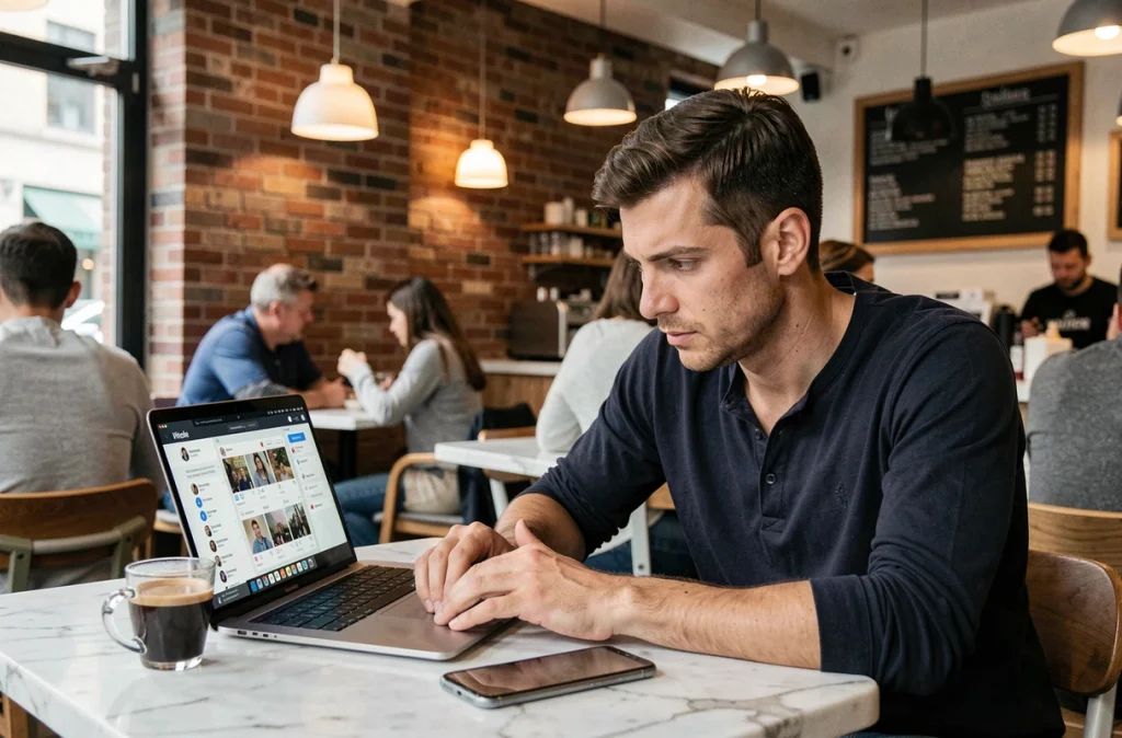 Homme utilisant un ordinateur portable et un smartphone dans un café pour accéder à des stories Instagram privées