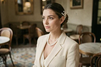 Femme portant un collier de perles et une pince à cheveux en perles avec un blazer crème dans un café parisien vintage