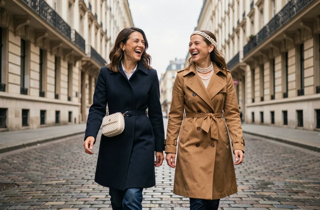 Deux femmes portant des accessoires en perles tendance rétro se promenant sur un trottoir en pavés parisiens