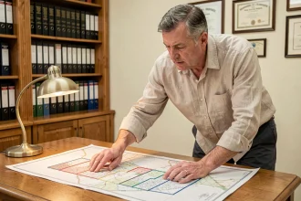 Un homme consultant un plan cadastral chez un notaire pour l'achat d'un terrain constructible