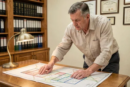 Un homme consultant un plan cadastral chez un notaire pour l'achat d'un terrain constructible