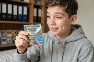 Adolescent tenant une rare carte Pokémon holographique entre ses doigts dans sa chambre