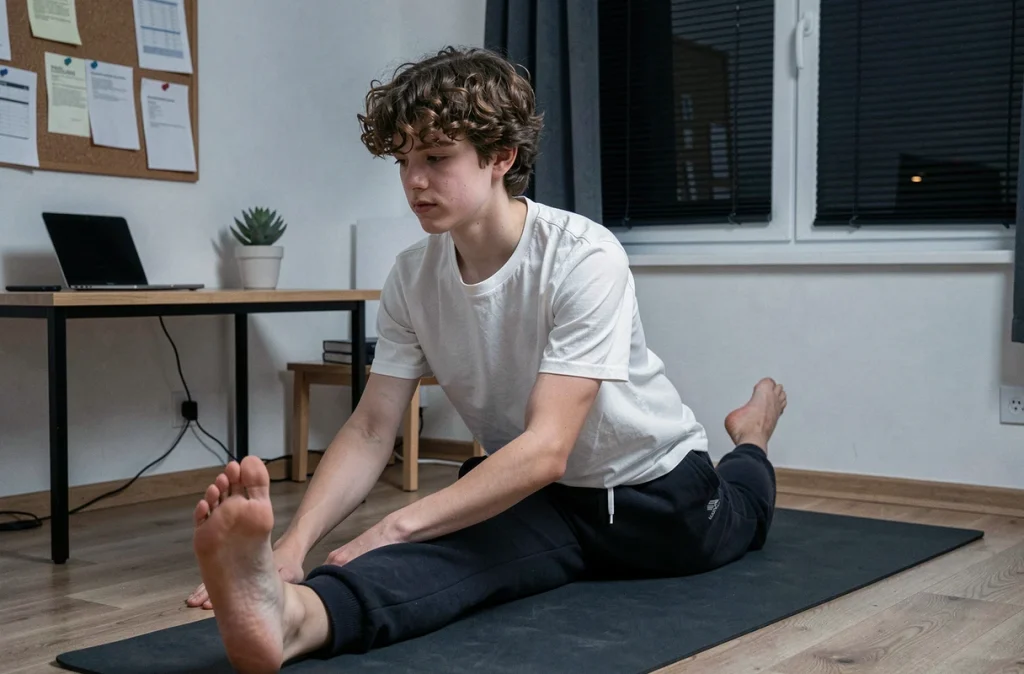 Adolescent faisant des étirements dans sa chambre le soir avec ses écrans éteints pour favoriser un meilleur sommeil