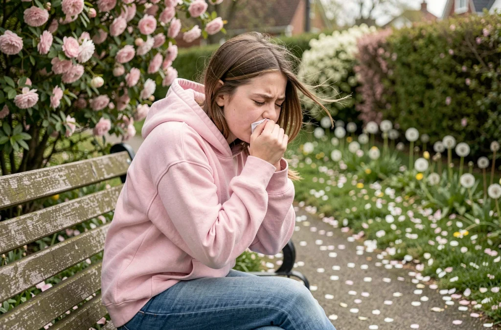 Adolescente éternuant dans un jardin public au printemps en raison des allergies saisonnières aux pollens, assise sur un banc entouré de fleurs