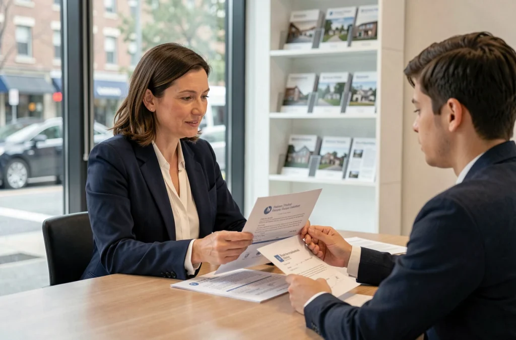 Une agente immobilière expliquant les documents administratifs pour l'achat d'un terrain à bâtir