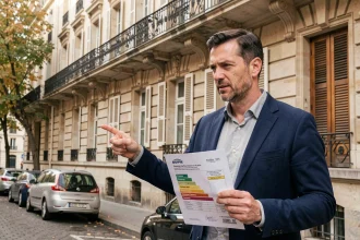 Agent immobilier tenant un DPE devant un immeuble ancien parisien en pierre de taille