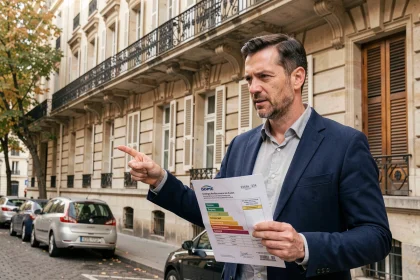 Agent immobilier tenant un DPE devant un immeuble ancien parisien en pierre de taille