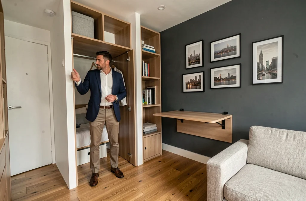 Agent immobilier présentant un appartement micro avec mobilier modulable et rangements intégrés dans une grande ville