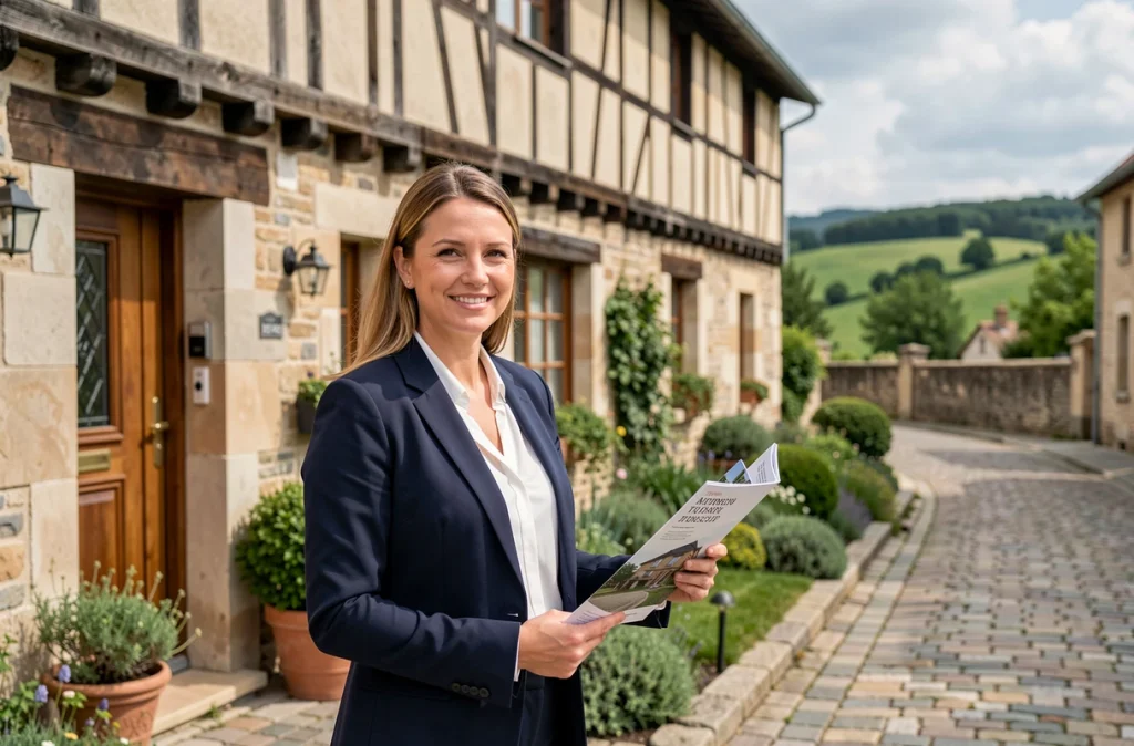 Agent immobilier devant un cottage normand à colombages, vente de résidences secondaires en province