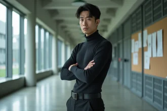 Professeur de héros japonais sévère en tenue noire dans un couloir d'académie de héros, symbolisant un directeur autoritaire et exigeant