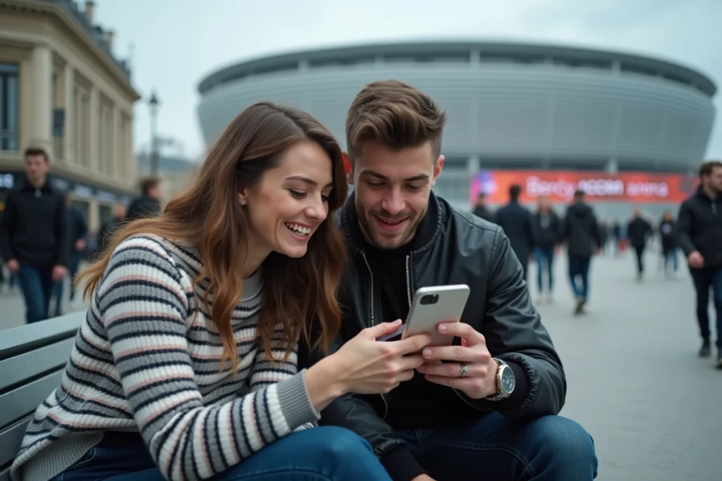 Deux amis consultant le plan numérique des places de l'Accor Arena assis sur un banc avant un concert