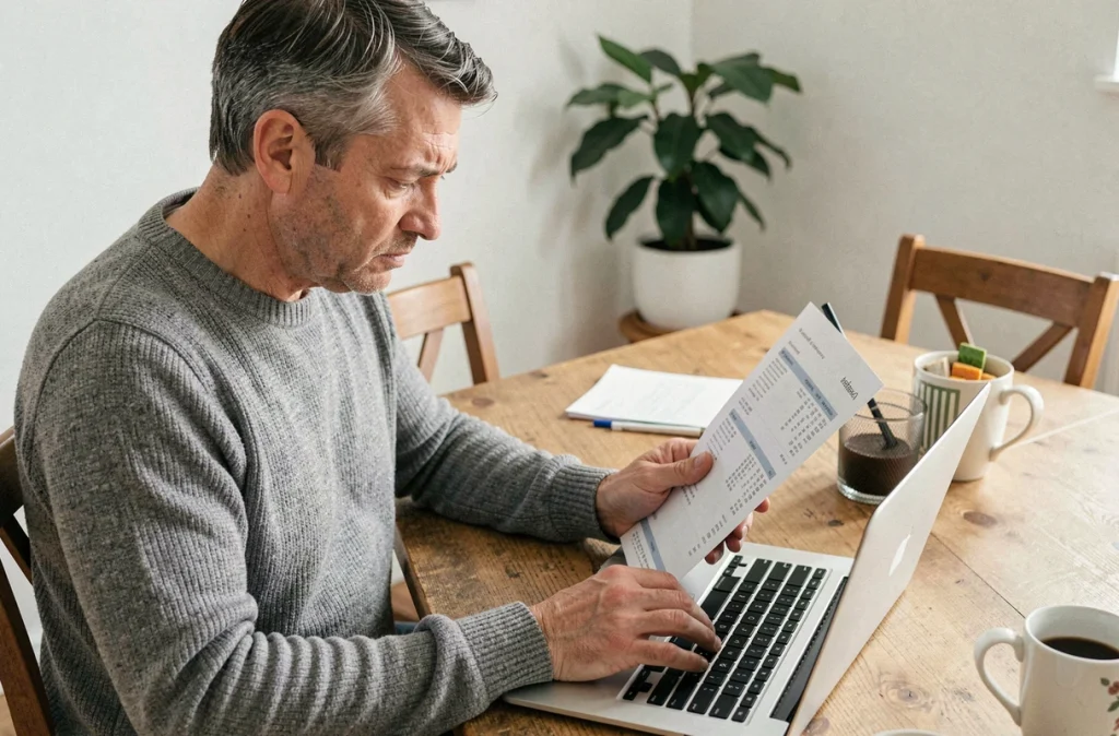 Un homme analyse son relevé bancaire à domicile pour identifier les frais cachés liés à son compte