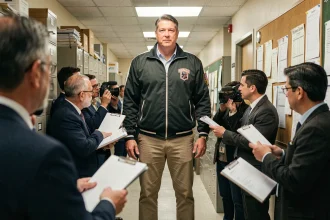 Un homme exceptionnellement grand se tenant debout parmi des journalistes dans un couloir de salle de presse, illustrant les exagérations médiatiques sur la taille d'André le Géant
