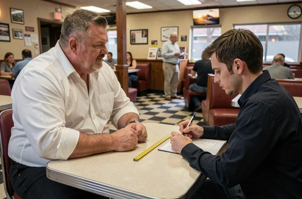 Un homme de très grande stature assis face à un journaliste dans un diner américain vintage, avec un ruban à mesurer posé sur la table évoquant les débats sur la taille réelle d'André le Géant