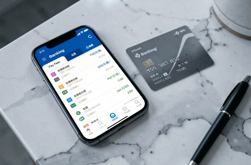 Gros plan sur une application bancaire affichant des frais de compte sur smartphone posé sur un comptoir en marbre