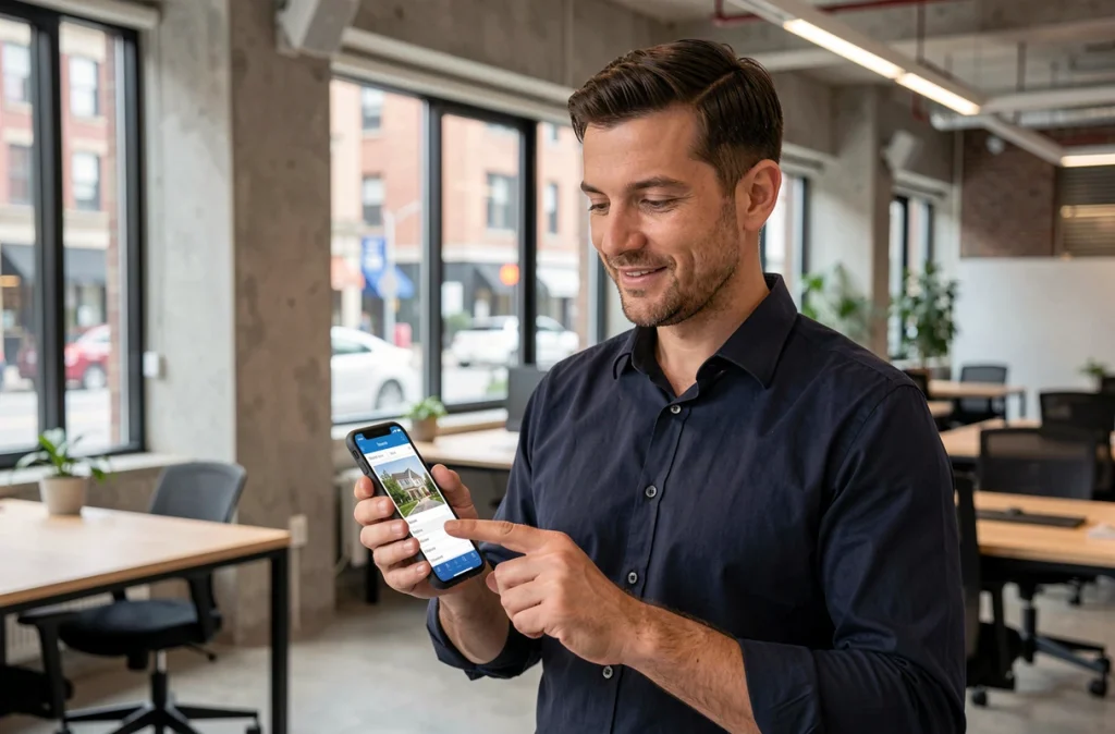 Propriétaire consultant une application de gestion locative sur smartphone dans un espace de travail moderne