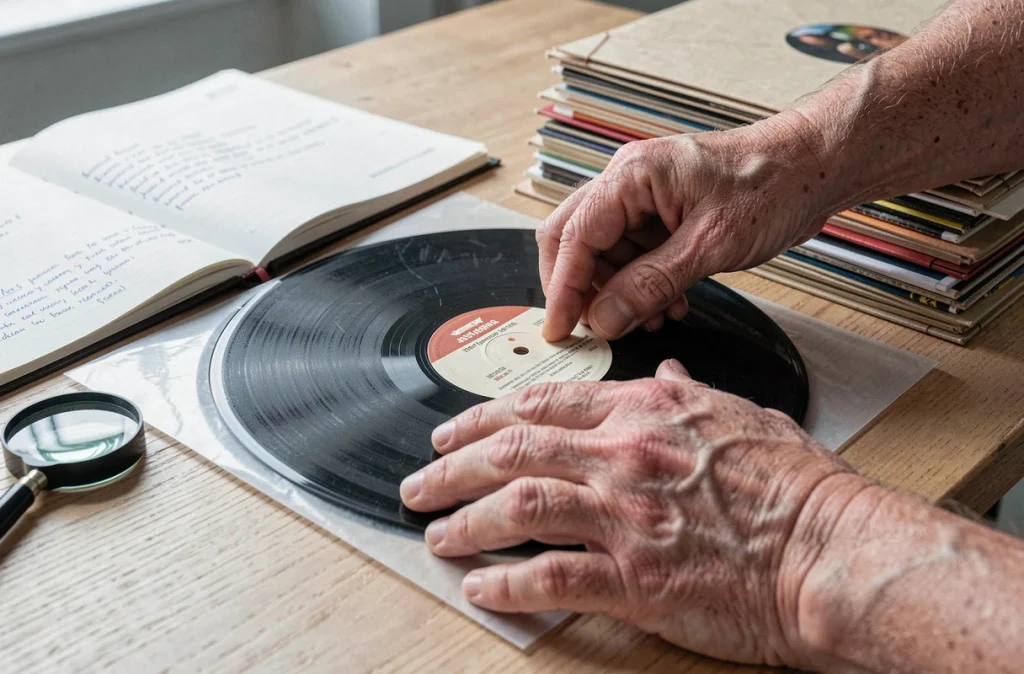 Mains rangeant délicatement un disque 78 tours dans une pochette de conservation, processus d'archivage d'un héritage musical