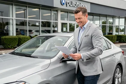 Automobiliste satisfait appuyé contre une berline moderne dans un parking de concession automobile, examinant un contrat de location longue durée