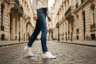 Femme portant des baskets blanches en cuir sur un trottoir pavé parisien en tenue décontractée chic