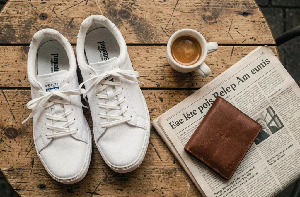 Baskets blanches minimalistes posées sur une table de café avec journal et expresso dans un style lifestyle urbain