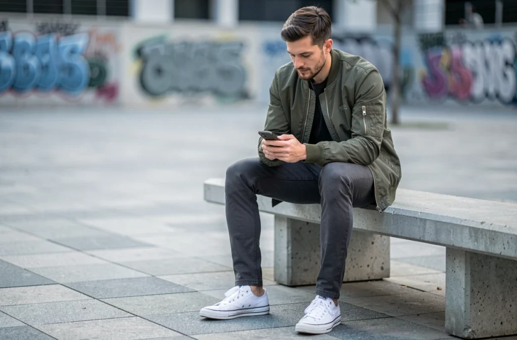 Homme assis en baskets blanches dans une place urbaine moderne avec bomber jacket olive