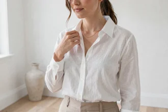 Femme portant un collier fin en or avec une tenue épurée en lin blanc et pantalon beige dans un intérieur minimaliste scandinave
