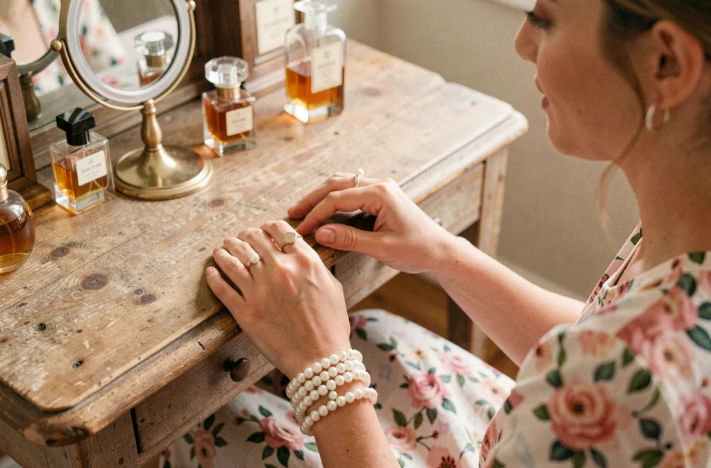 Femme avec bracelets et bagues en perles assise devant une coiffeuse vintage avec flacons de parfum anciens