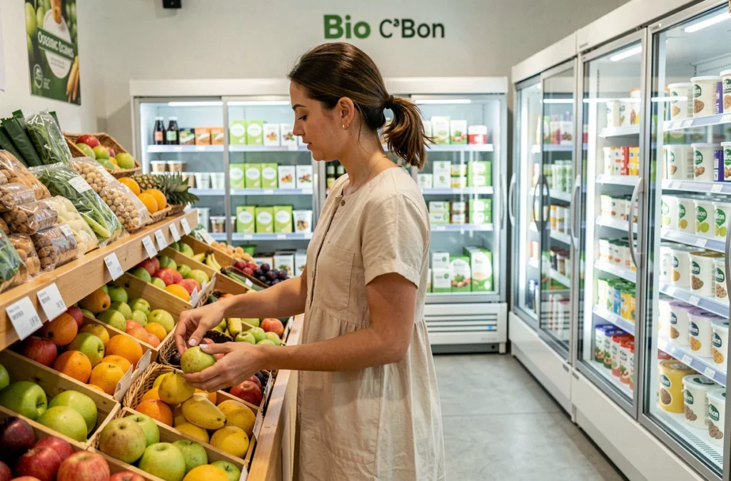 Femme choisissant des fruits frais dans le magasin Bio c'Bon du Cours Julien à Marseille