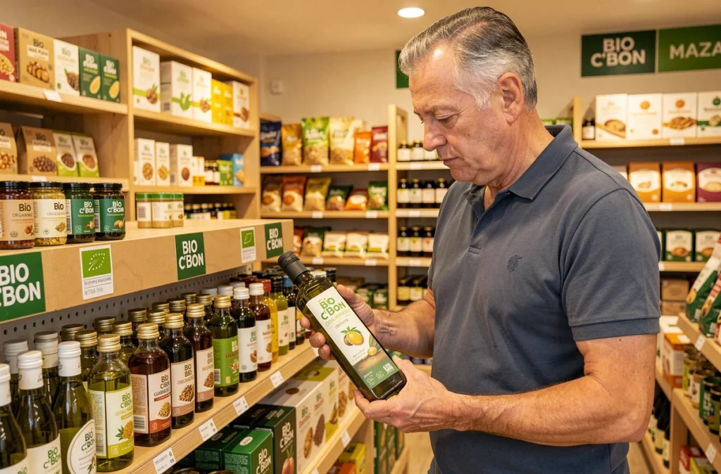 Client lisant l'étiquette d'une bouteille d'huile d'olive bio dans le magasin Bio c'Bon Mazargues à Marseille