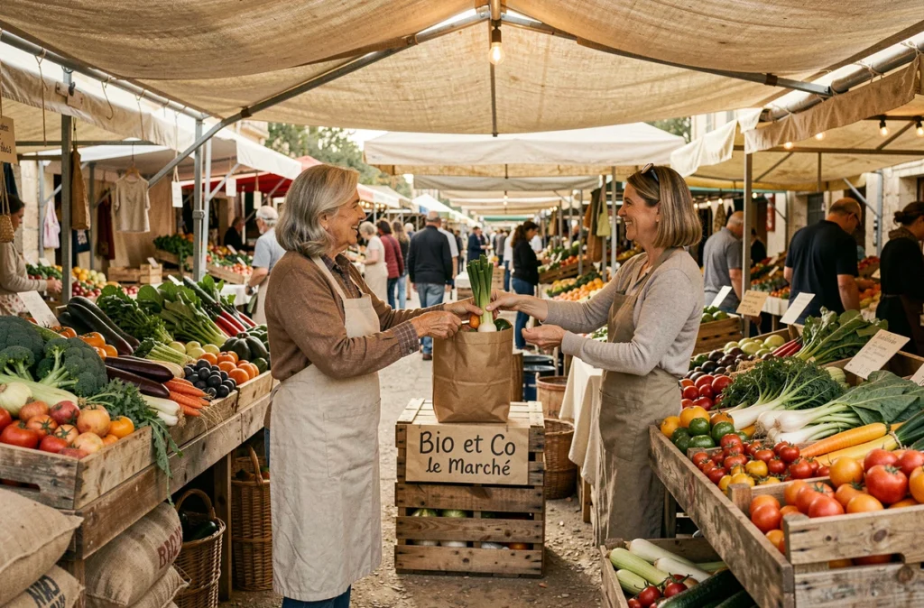 Vendeuse du marché Bio et Co à Mazargues remettant un sac de légumes bio à une cliente