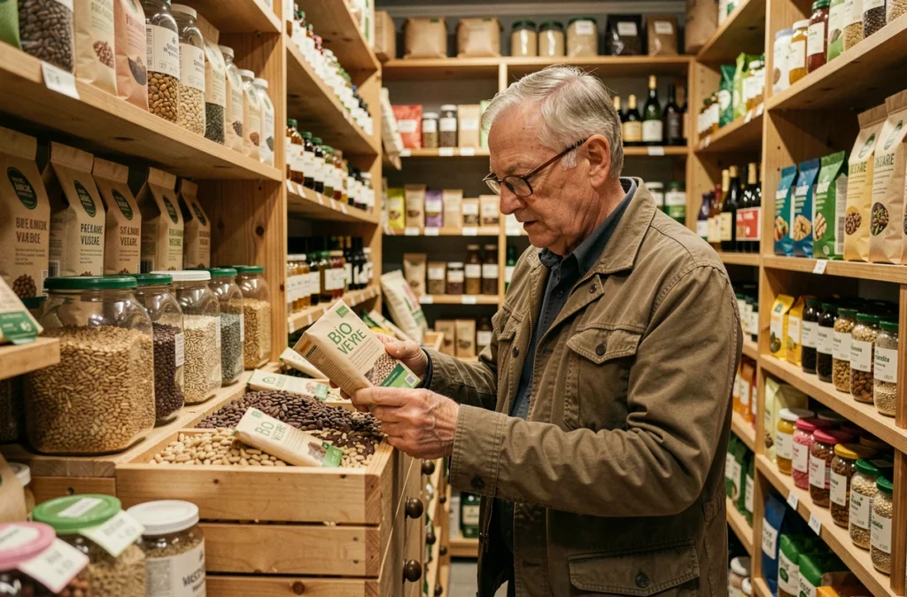 Client examinant des produits bio dans les rayons du magasin Bio Veyre à Marseille