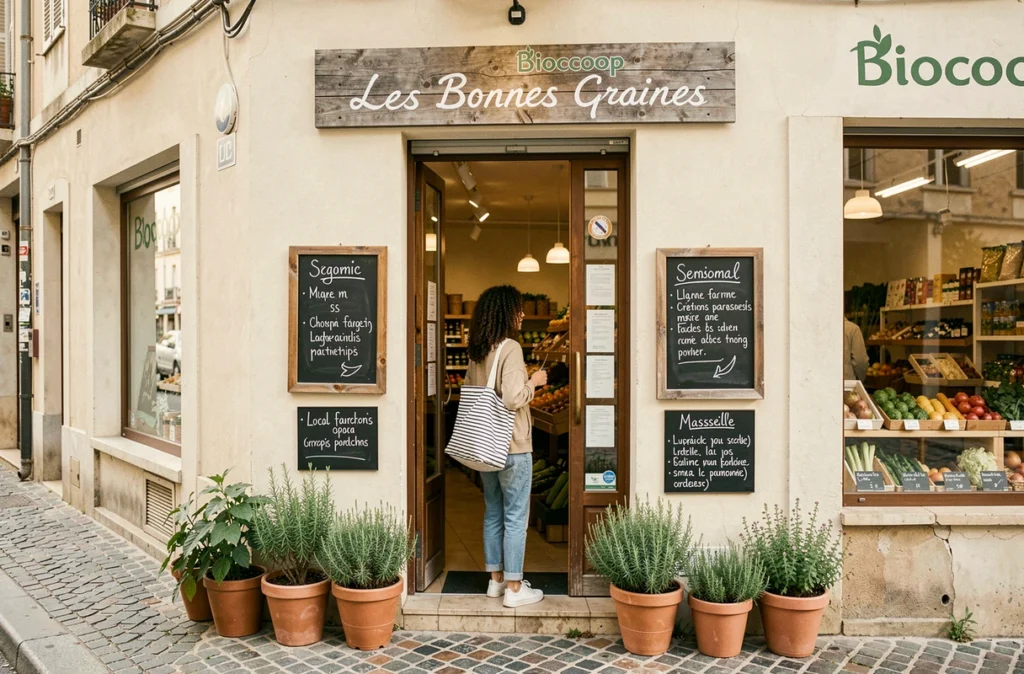 Façade du Biocoop Les Bonnes Graines à Marseille avec une jeune femme entrant dans la boutique