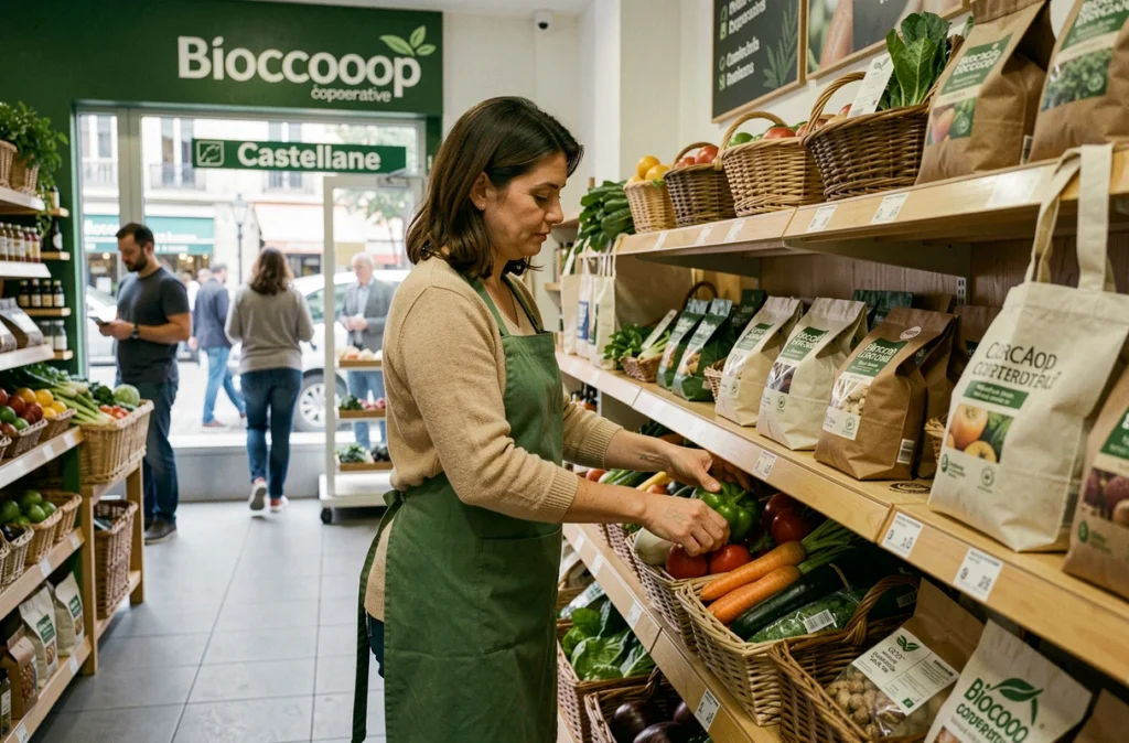 Intérieur du Biocoop Castellane à Marseille avec une employée arrangeant des légumes bio sur des étagères en bois