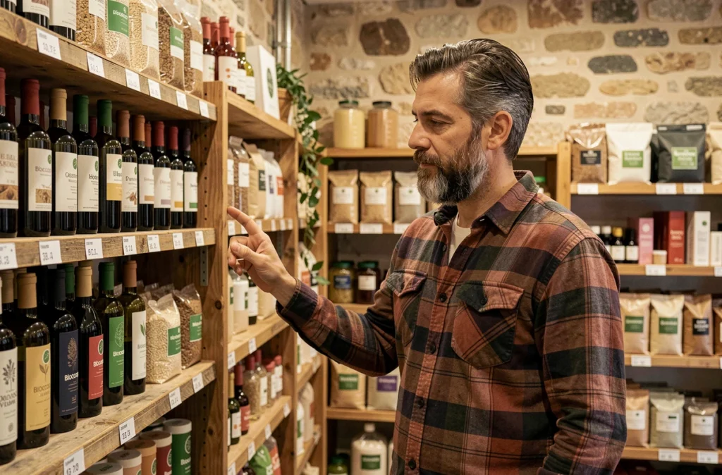 Client masculin explorant les rayons d'épicerie bio du Biocoop Endoume à Marseille