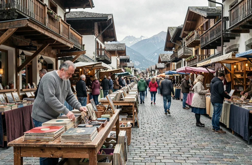Braderie animée dans une ville de Savoie, visiteurs chinant des disques vinyles et objets anciens le long d'une rue pavée
