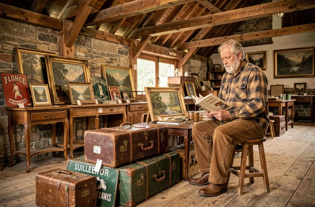 Vendeur de brocante dans une grange alpine en Savoie, stand intérieur avec meubles anciens, valises vintage et tableaux