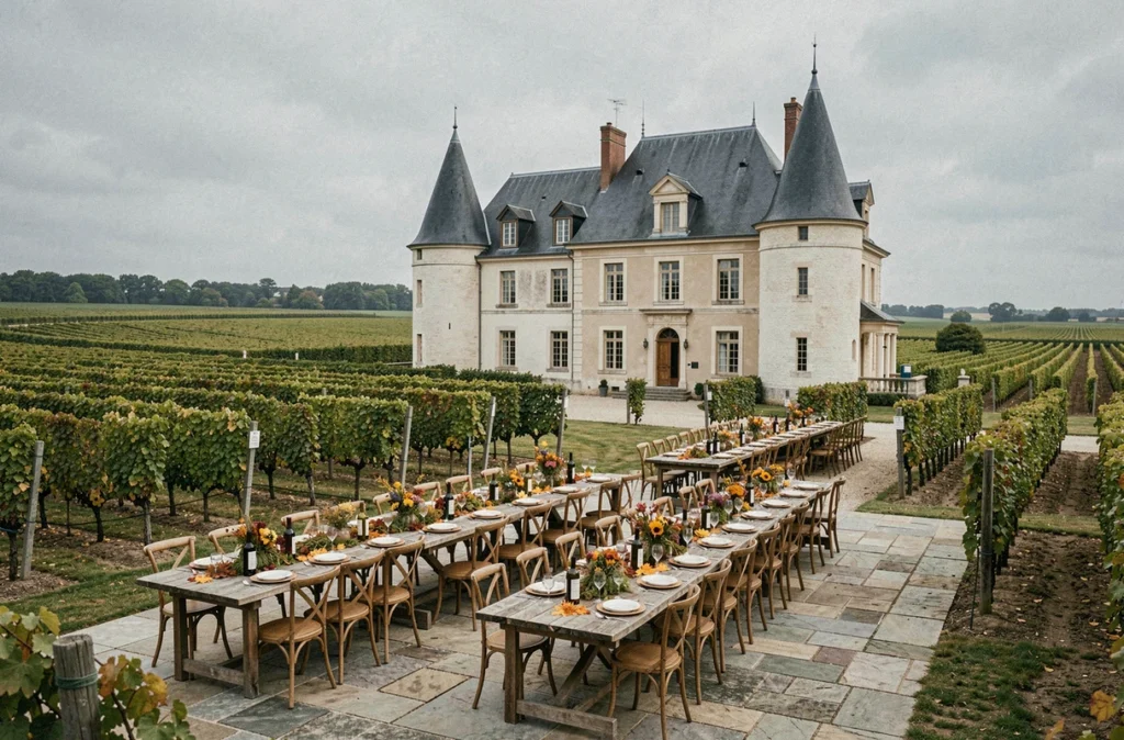 Château Cassemichère dans l'appellation Muscadet, résidence viticole avec tourelles en ardoise et terrasse dressée pour une réception au milieu des vignes