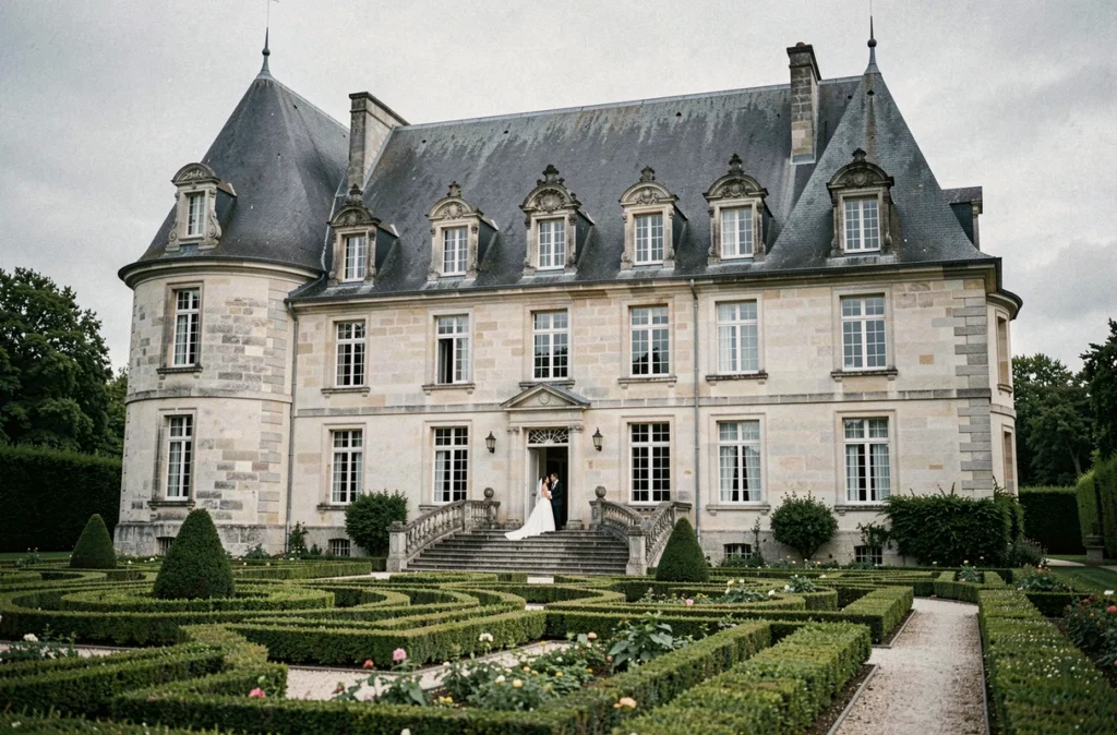 Château de l'Epinay à Saint-Georges-sur-Loire, château Renaissance avec jardins à la française et couple de mariés sur les marches en pierre de l'entrée principale