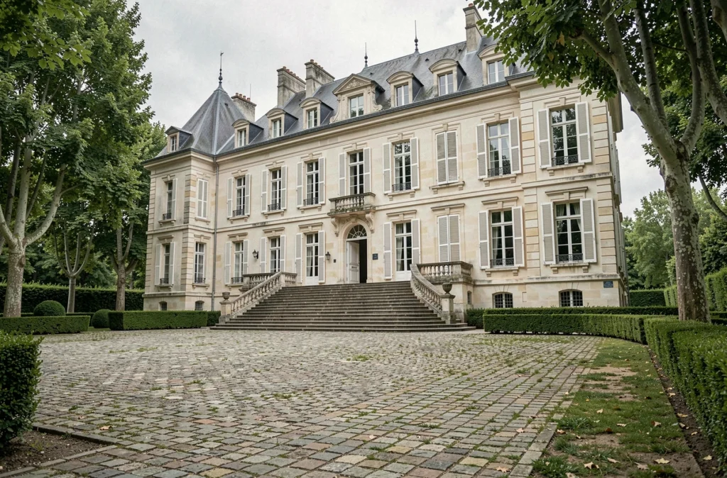 Façade du Château de la Chevallerie en Vendée, château du XVIIIe siècle avec cour pavée et escalier monumental entouré de haies taillées