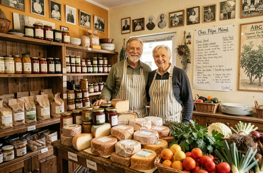 Couple de commerçants souriants derrière le comptoir de la boutique bio Chez Pépé Mémé à Marseille