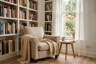 Coin lecture cosy dans un salon familial avec bibliothèque intégrée, fauteuil en lin beige et plaid tricoté