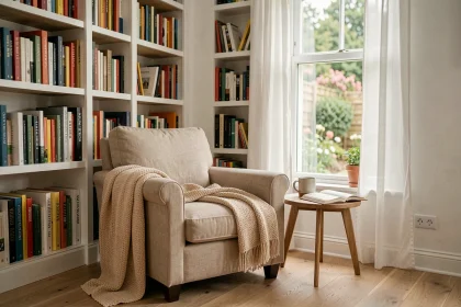 Coin lecture cosy dans un salon familial avec bibliothèque intégrée, fauteuil en lin beige et plaid tricoté