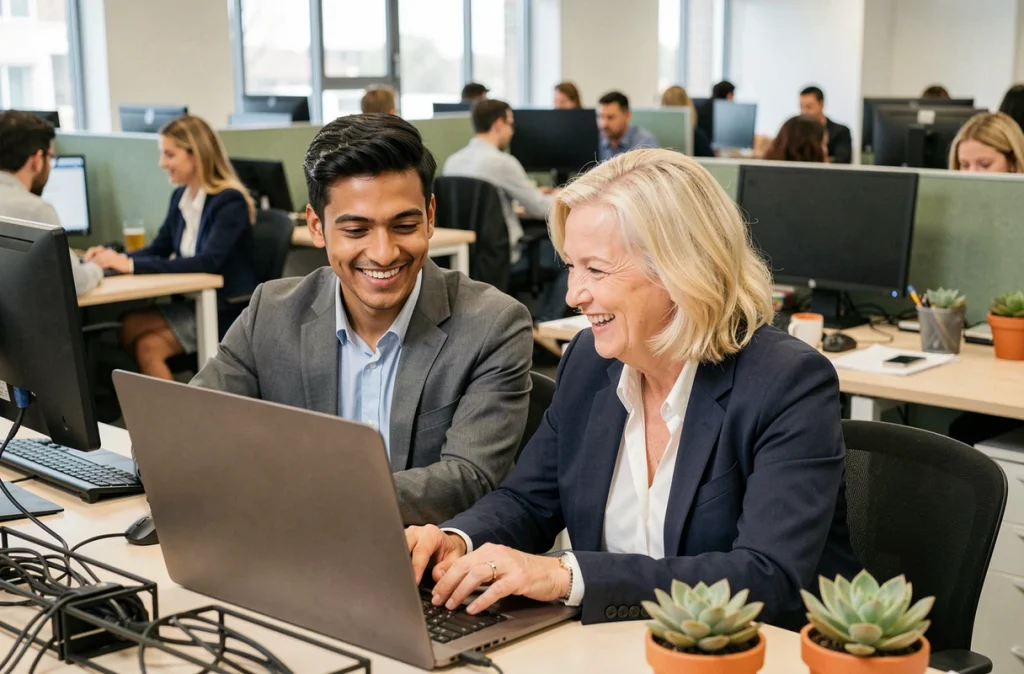 Deux collègues de générations différentes collaborant devant un ordinateur portable, représentant la mixité et la coopération intergénérationnelle au travail