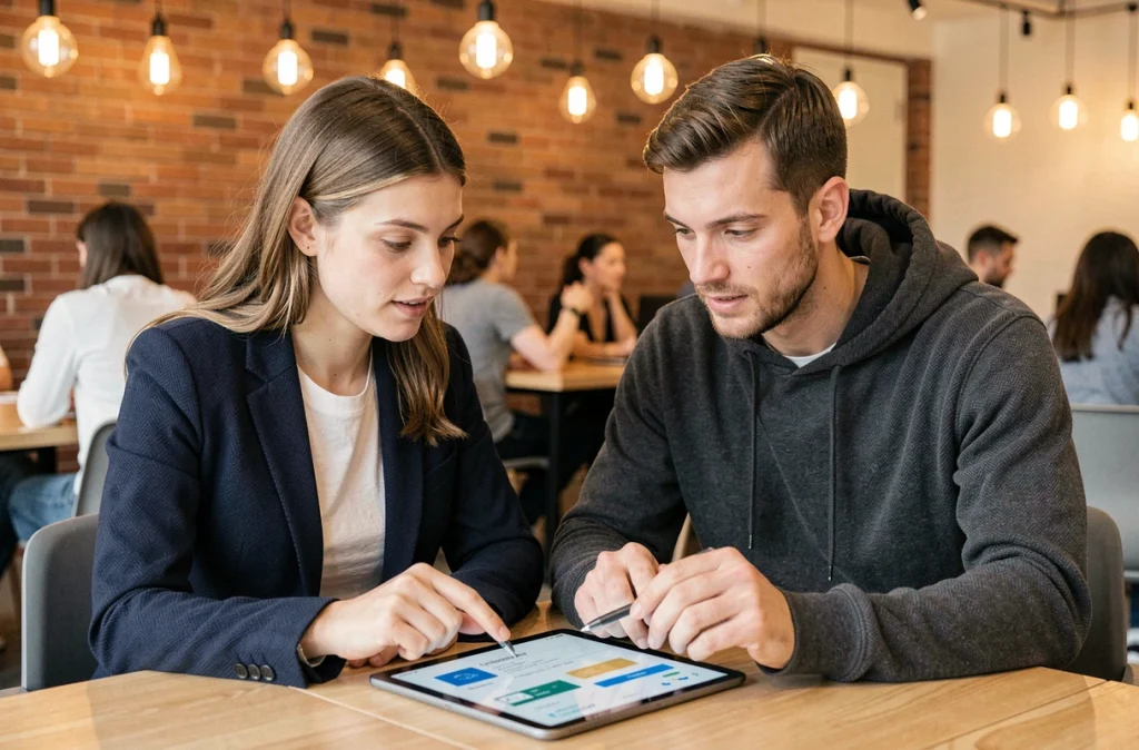 Deux collègues collaborant sur une interface de paiement fintech sur tablette dans un espace de coworking