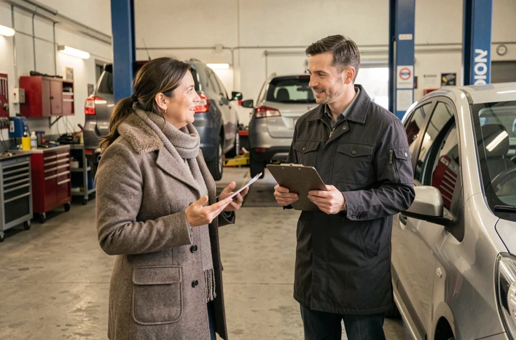 Cliente discutant du changement de pneus hiver avec un conseiller dans un garage automobile