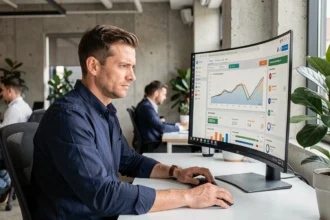 Consultant SEO analysant un tableau de bord de netlinking comparatif sur grand écran dans un bureau agence moderne