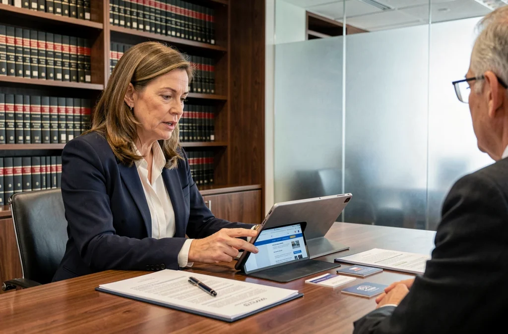 Femme consultant un avocat avec des preuves numériques d'un vol de contenu sur une plateforme en ligne dans un cabinet juridique