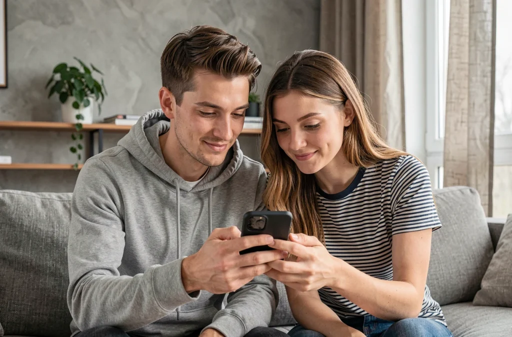 Deux amis regardant ensemble des stories Instagram d'un compte privé sur un smartphone dans un appartement