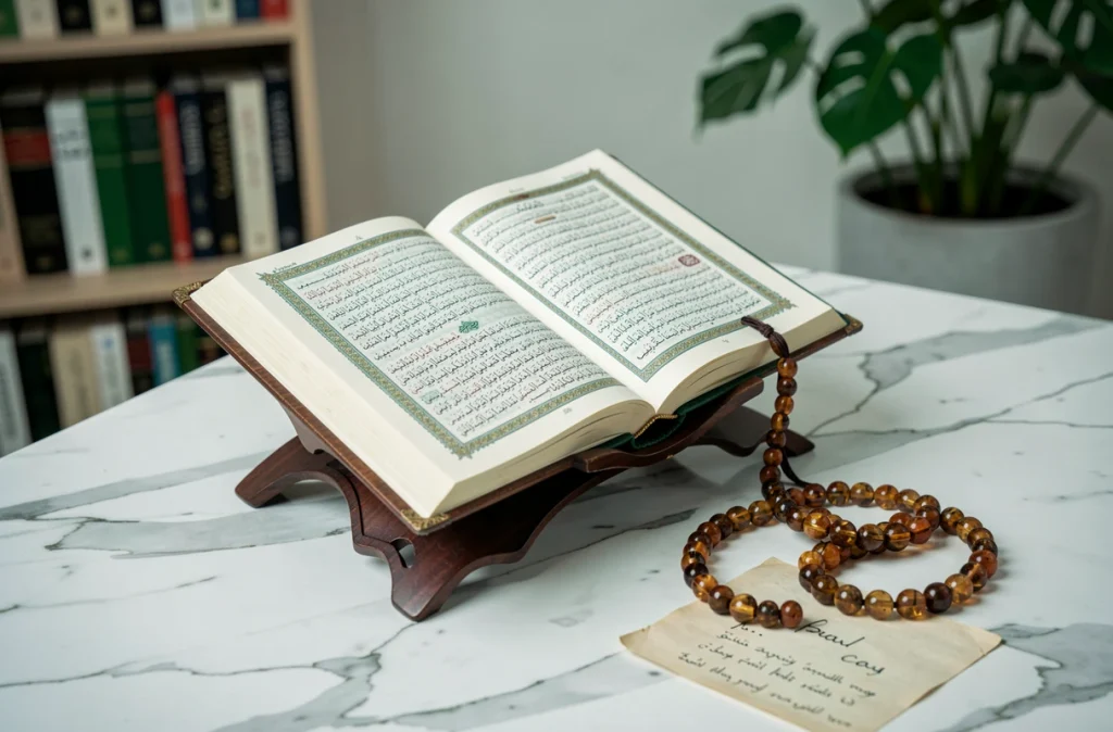 Coran ouvert sur un rehal en bois, chapelet en ambre et note manuscrite sur une surface en marbre, symbolisant la réflexion spirituelle de la prière istikhara
